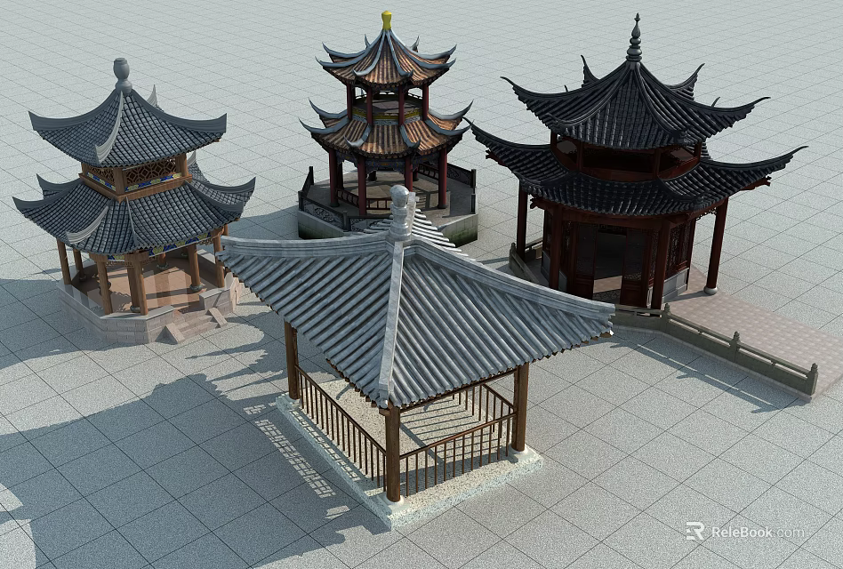 Traditional Chinese Pavilions With Classic Curved Roofs And Intricate Wooden Structures 3d model 