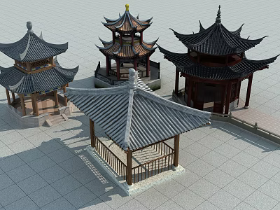 Traditional Chinese Pavilions With Classic Curved Roofs And Intricate Wooden Structures 3d model