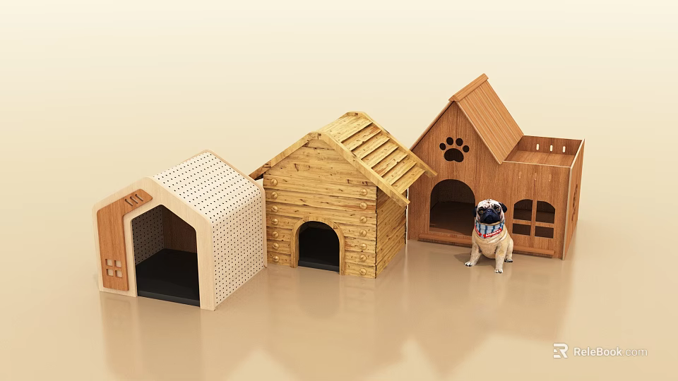 Stylish Pet Furniture Featuring Wooden Dog Houses With Various Designs And Puppy Accent 3d model 