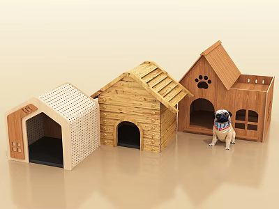 Stylish Pet Furniture Featuring Wooden Dog Houses With Various Designs And Puppy Accent 3d model