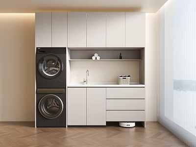 Modern Laundry Room Interior With Stacked Washer Dryer White Cabinets Sink Drawers And Robot Vacuum 3d model