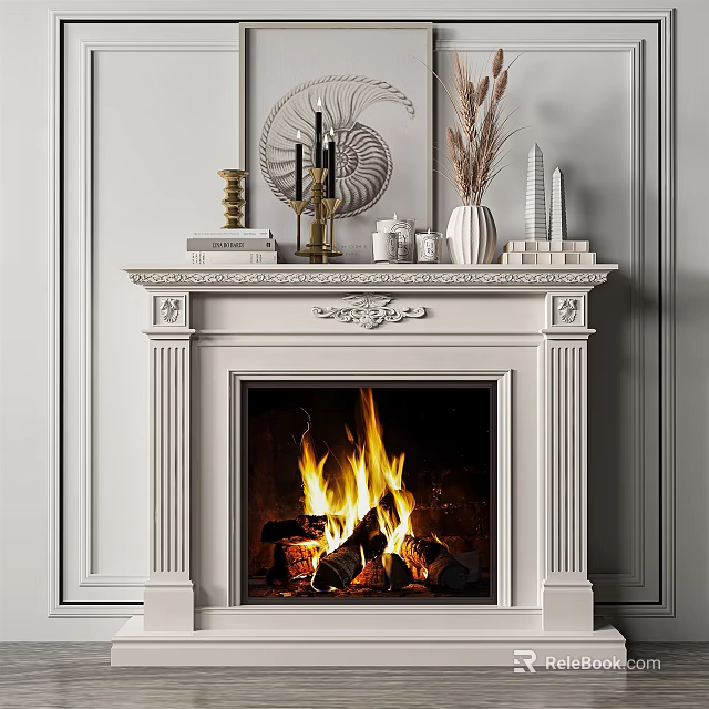 Elegant White Fireplace with Ornate Mantel Burning Flames and Decorative Items 3d model 