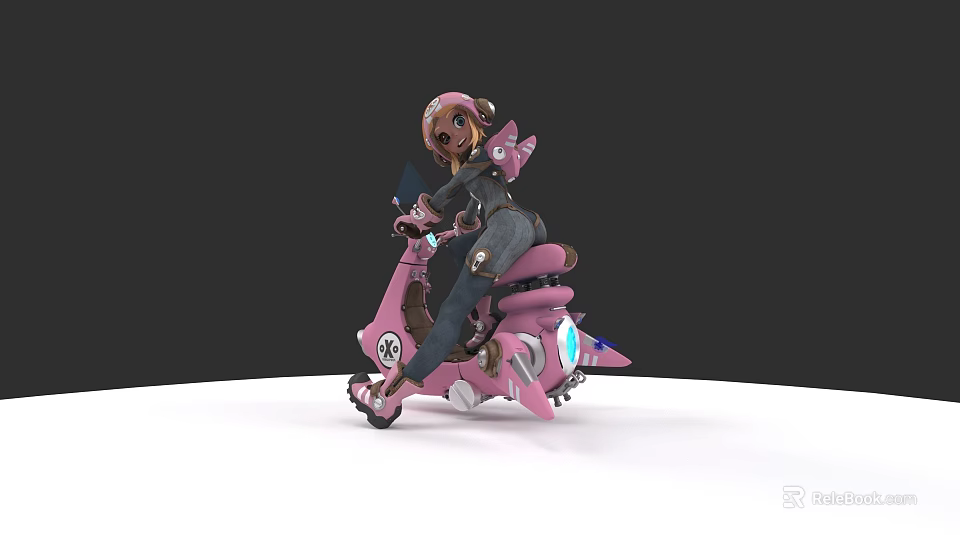 Woman Riding Pink Scooter With Pink Helmet And Butterfly Decorations On Black Background 3d model 