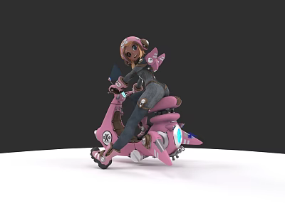 Woman Riding Pink Scooter With Pink Helmet And Butterfly Decorations On Black Background 3d model