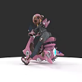 Woman Riding Pink Scooter With Pink Helmet And Butterfly Decorations On Black Background