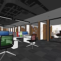 Modern Public Office Space With Open Layout Desks Computers And Colorful Chairs 3d model