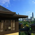 Residential Houses With Dark Roofs Lush Green Hills City Skyline Blue Sky And White Clouds