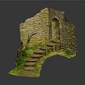 Ancient Stone Wall Scenery With Grass Covered Stone Steps And Wooden Fence