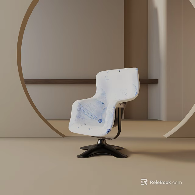 Modern Leisure Chair With Blue And White Pattern Metal Frame And Black Base 3d model 