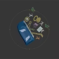 Colorful Metal Charms of Various Shapes Scattered from Blue Pouch with Chain