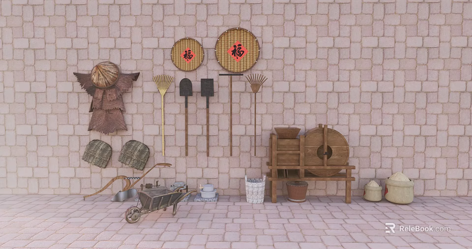 Traditional Industrial Equipment Display With Stone Mill Wheelbarrow And Hanging Tools On Brick Wall 3d model 