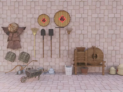 Traditional Industrial Equipment Display With Stone Mill Wheelbarrow And Hanging Tools On Brick Wall 3d model
