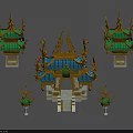 Traditional Chinese Architecture with Golden Decorations Green Blue Roofs Symmetrical Structures and Lantern like Elements