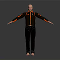 Bald Man In Black Jacket With Orange Stripes Black Pants Barefoot Arms Outstretched Dark Background