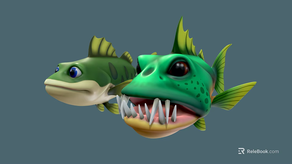 Two Green Cartoon Fish With Big Eyes Yellow Fins And Sharp Teeth 3d model 