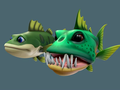 Two Green Cartoon Fish With Big Eyes Yellow Fins And Sharp Teeth 3d model