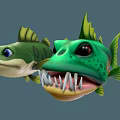 Two Green Cartoon Fish With Big Eyes Yellow Fins And Sharp Teeth