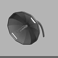 Gray 3D Rendered Object With Circular Top Radial Lines And Curved Handle Design