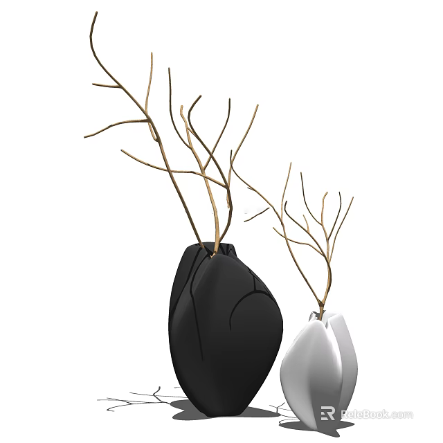 Stylish Black And White Vases With Dry Branches For Interior Decor 3d model