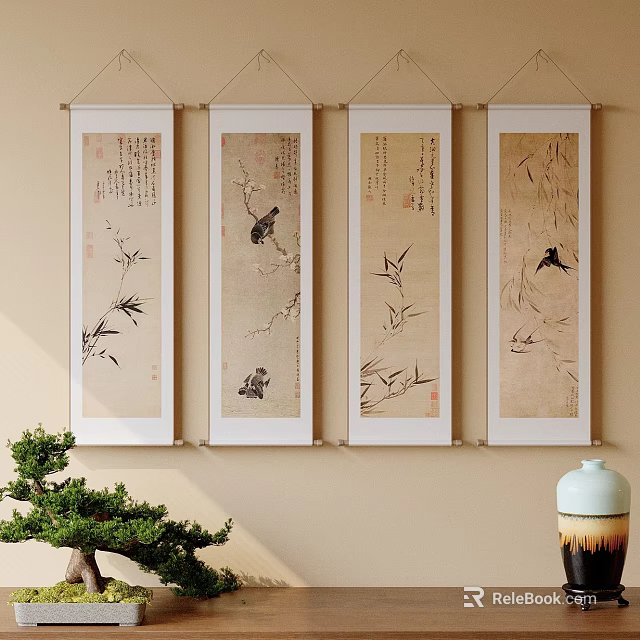 Traditional Chinese Scroll Paintings With Bamboo Birds And Plum Blossoms On Beige Wall Interior Decor 3d model 