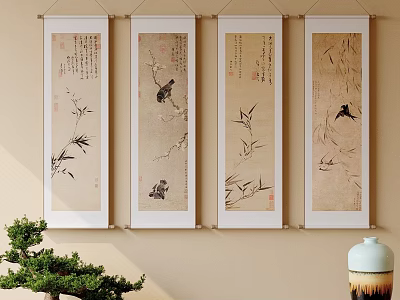 Traditional Chinese Scroll Paintings With Bamboo Birds And Plum Blossoms On Beige Wall Interior Decor 3d model