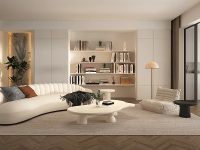 Modern Living Room Interior With Curved White Sofa White Coffee Table Bookshelf And Green Plant 3d model