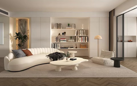 Cream Style Living Room Living Room Sofa Coffee Table Lazy Sofa Bookcase Decorative Cabinet Book Decoration Bonsai Side Table Floor Lamp Glass Sliding Door 3d model