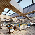 Spacious Restaurant Interior With High Ceiling Skylights Wooden Structure And Large Windows