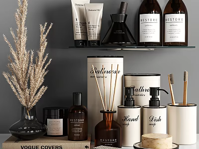 Stylish Modern Bathroom Accessories Display with Bottles Brushes and Decor 3d model