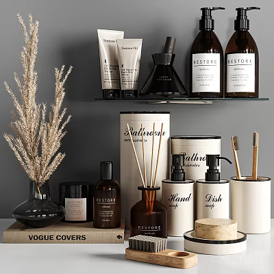 Stylish Modern Bathroom Accessories Display with Bottles Brushes and Decor 3d model