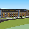 Brown Brick Hotel Building With Multiple Windows Flat Roof And Green Lawn