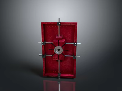 Red Industrial Secure Door With Central Circular Lock And Cross Metal Bars Design Elements 3d model