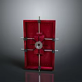 Red Industrial Secure Door With Central Circular Lock And Cross Metal Bars Design Elements