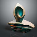 Abstract Modern Sculptural Artwork With Curved Structure Green Brown Tones And Textured Base