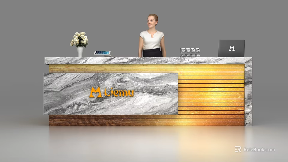 Elegant Reception Desk with Marble Panel Gold Accents Miema Logo Flower Tablet and Laptop 3d model 
