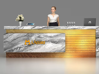 Elegant Reception Desk with Marble Panel Gold Accents Miema Logo Flower Tablet and Laptop 3d model