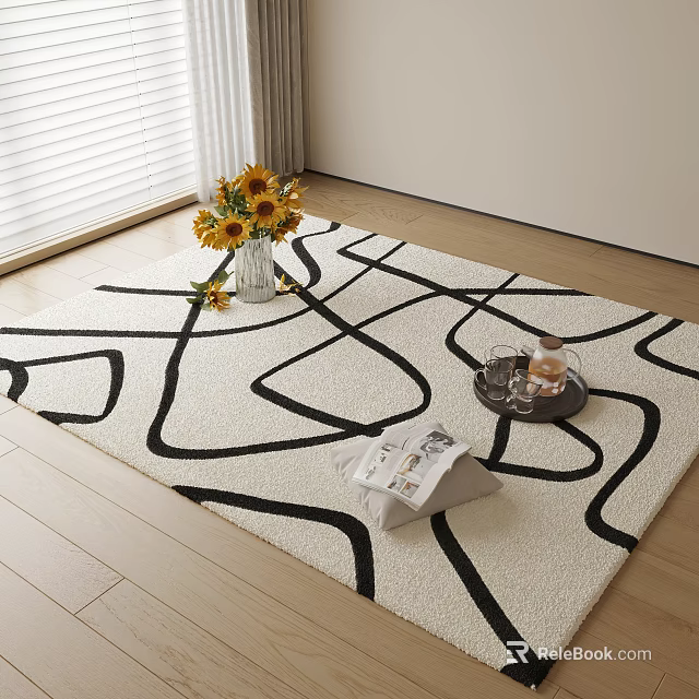 Square Rug With Black White Lines Pattern On Wooden Floor Featuring Sunflower Vase Tray And Magazine 3d model 