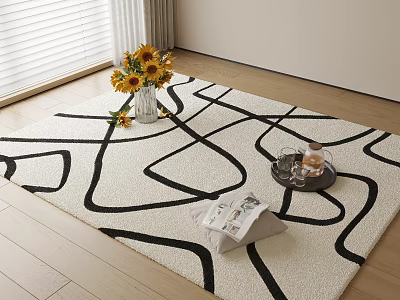 Square Rug With Black White Lines Pattern On Wooden Floor Featuring Sunflower Vase Tray And Magazine 3d model