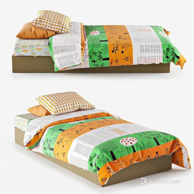 Vibrant Single Bed With Green Orange White Colorful Patterned Bedding And Decorative Pillows 3d model