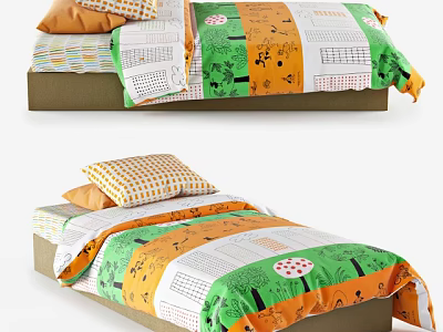 Vibrant Single Bed With Green Orange White Colorful Patterned Bedding And Decorative Pillows 3d model