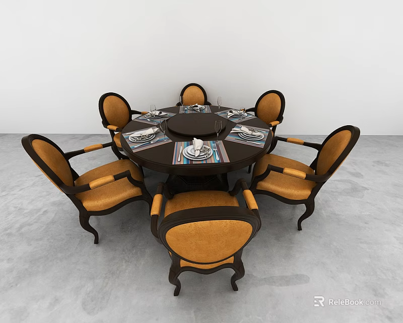 Elegant Round Dark Dining Table Set With Six Brown Cushioned Armchairs And Tableware Centerpiece 3d model 
