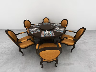 Elegant Round Dark Dining Table Set With Six Brown Cushioned Armchairs And Tableware Centerpiece 3d model