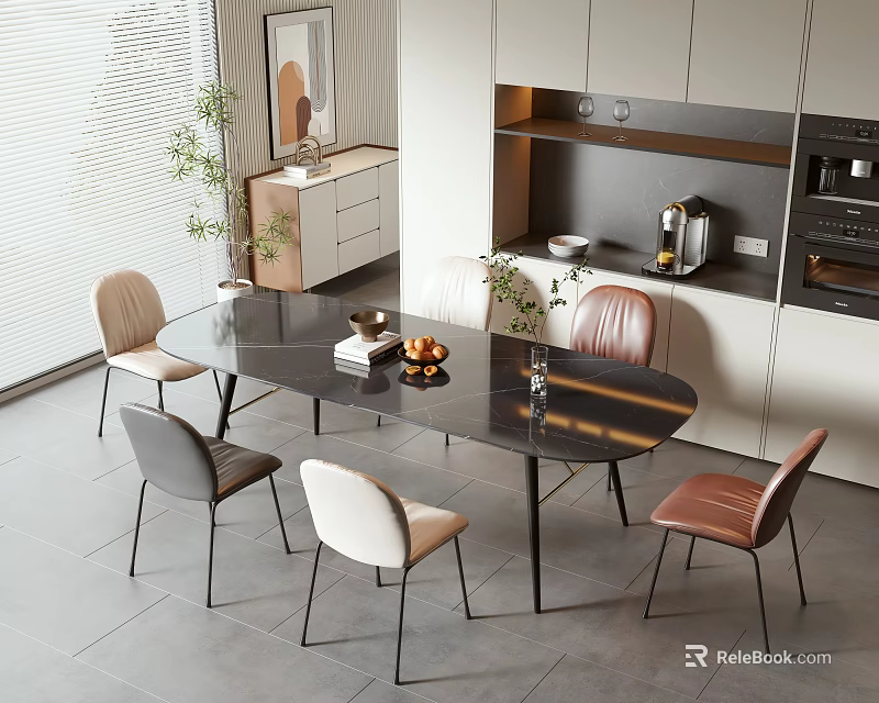 Modern Dining Table and Chairs Set with Black Tabletop Metal Legs Multicolor Chairs in Kitchen 3d model 