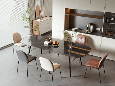 Modern Dining Table and Chairs Set with Black Tabletop Metal Legs Multicolor Chairs in Kitchen 3d model
