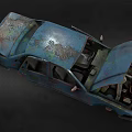 Old Blue Rusty Car With Open Hood And Doors On Dark Background
