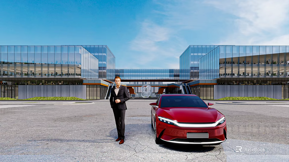 Modern Office Building with Glass Curtain Walls Front Parking Area and Businessman by Red Car 3d model 