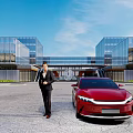 Modern Office Building with Glass Curtain Walls Front Parking Area and Businessman by Red Car