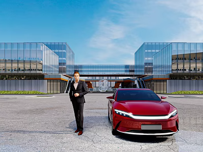 Modern Office Building with Glass Curtain Walls Front Parking Area and Businessman by Red Car 3d model