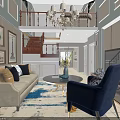 Stylish Living And Dining Room Interior With Chandelier Beige Sofa Blue Armchair Round Coffee Table