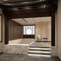 Chinese Style Hotel Corridor Featuring Wooden Structure Circular Window And Stone Steps 3d model
